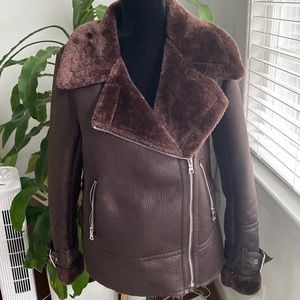 New Look faux leather and fur chocolate brown moto jacket coat